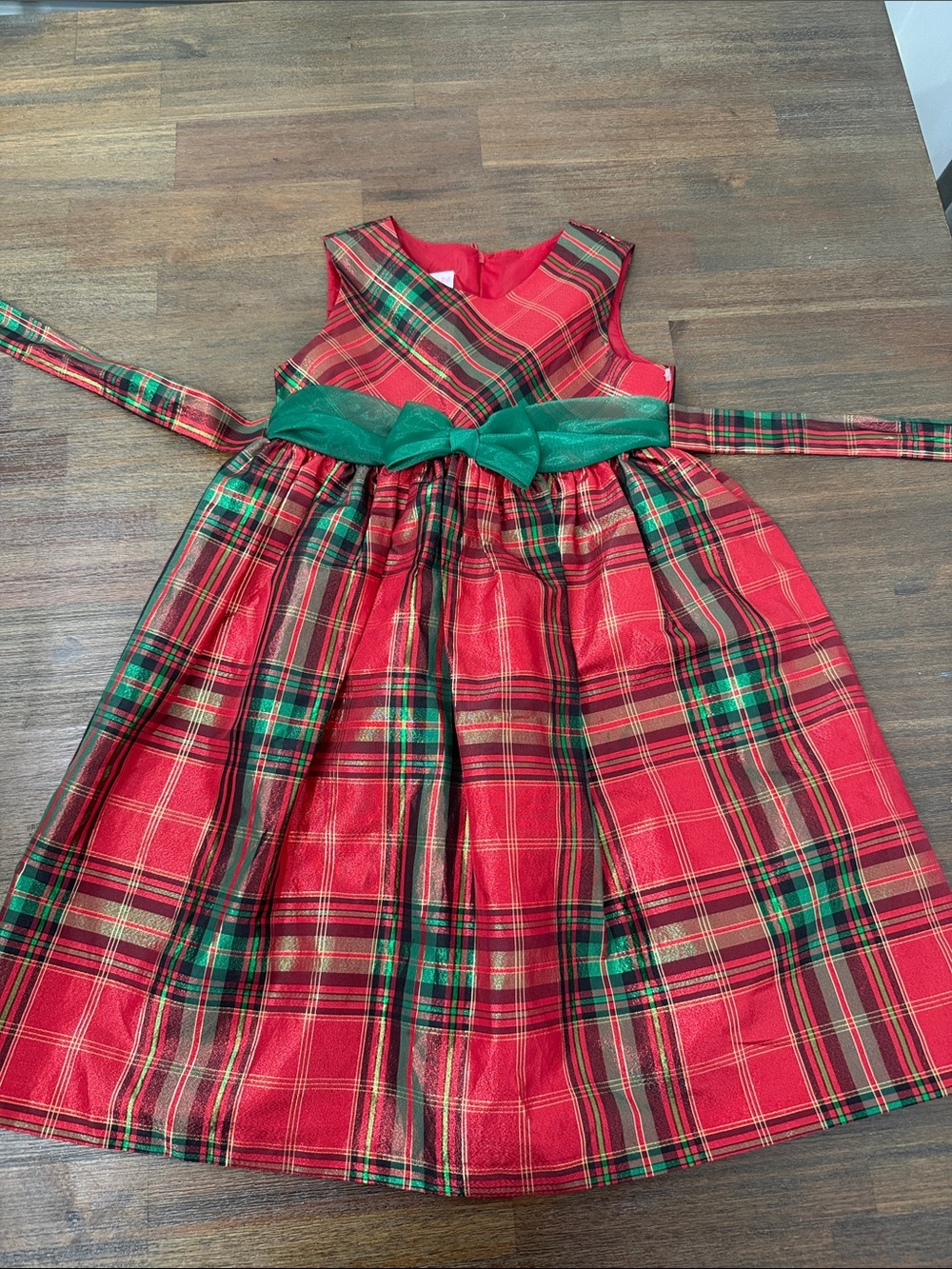Bonnie Jean Red and Green Plaid Holiday Dress with Green Bow